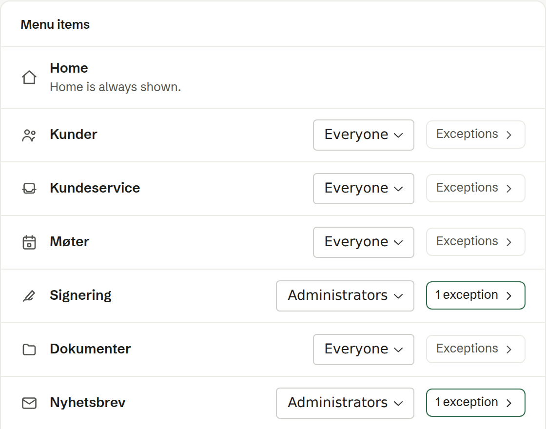 Workspace › Menu: every menu item gets an audience — everyone, admins or nobody — with per-person exceptions.
