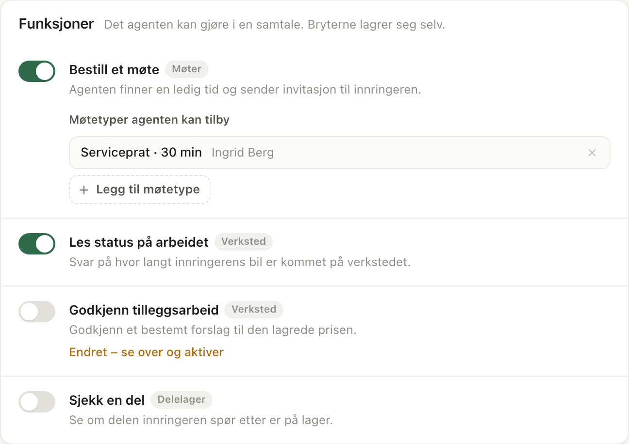Velg hvilke funksjoner verkstedet tilbyr på telefonen, og se over endringer før du aktiverer dem.