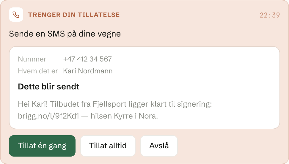 Kortet i chatten viser nummeret, hvem det er og hele meldingen før noe sendes.