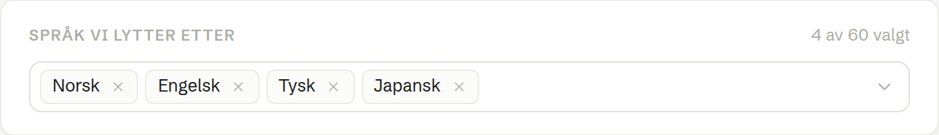 Møtespråk med norsk, engelsk, tysk og japansk valgt.