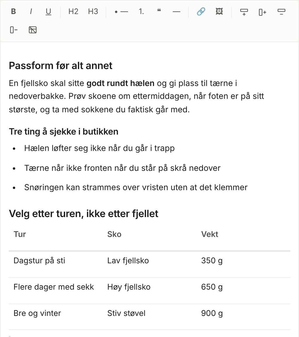 En artikkel redigeres rett på posten, med verktøylinjen for overskrifter, lister, lenker, bilder og tabeller.